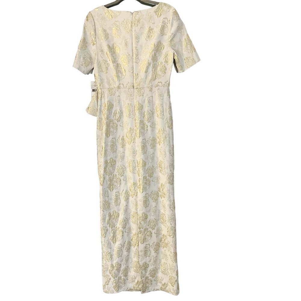 Aidan Mattox NWT V-Neck Pleated Bodice Jacquard Long Gown Ivory & Gold Sz 8 - Picture 4 of 15